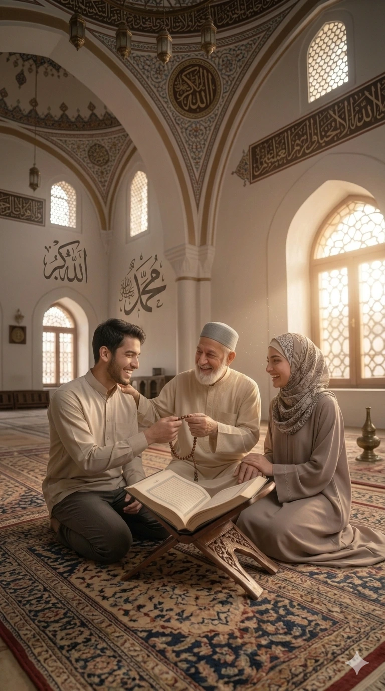 happy muslim couple holding prayer beads after islamic spiritual healing ruhani ilaj in UK